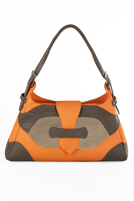 Dress handbag in taupe brown, tan beige and apricot orange leather - Top view